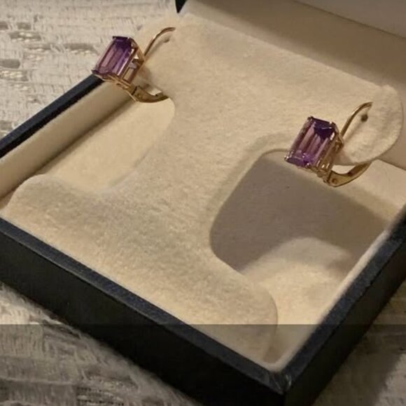 Amethyst  Octagon Cut Lever bac Dangle Earrings 14kt Solid Yellow Gold - Picture 4 of 4